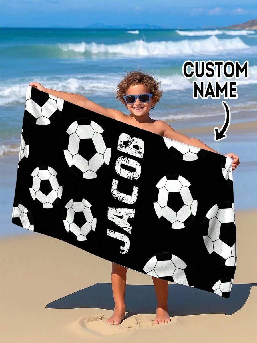 Personalized Kids Beach Towel, Summer Birthday Gift, Summer Vibe, Customized Beach Towel, Swimming Pool, Beach Decor, Soccer Lover, For Boys - Multicolor - View 1