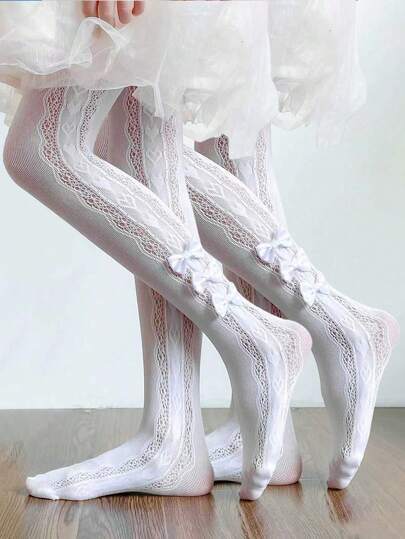 1/2pcs Spring/Summer Baby/Kids/Girls Hollow-Out Breathable White Stockings With Phoenix Tail & Heart Pattern, Casual Fashionable Lightweight Comfortable Pantyhose, Sweet Versatile Soft Skin-Friendly Lolita Princess Socks, Suitable For School, Festivals, Vacations, Performances