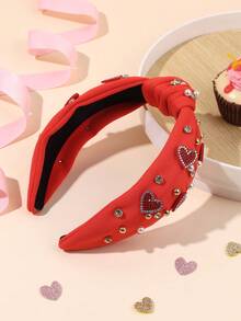 1 pieza Diadema roja para el Día de la Madre, estilo niña, diadema de tela con corazón de diamante de imitación rojo, accesorio de moda para el cabello, regalo para el Día de la Madre - Rojo - Ver 3