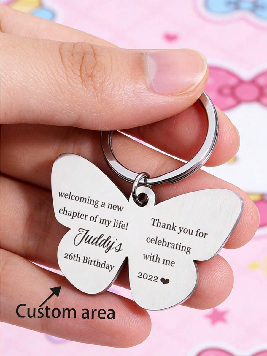 定制蝴蝶钥匙扣(不含链条),个性化设计 - 不锈钢材质,可刻上姓名和生日 - 送给朋友、男孩女孩的完美礼物 - 款式31 - 查看 1