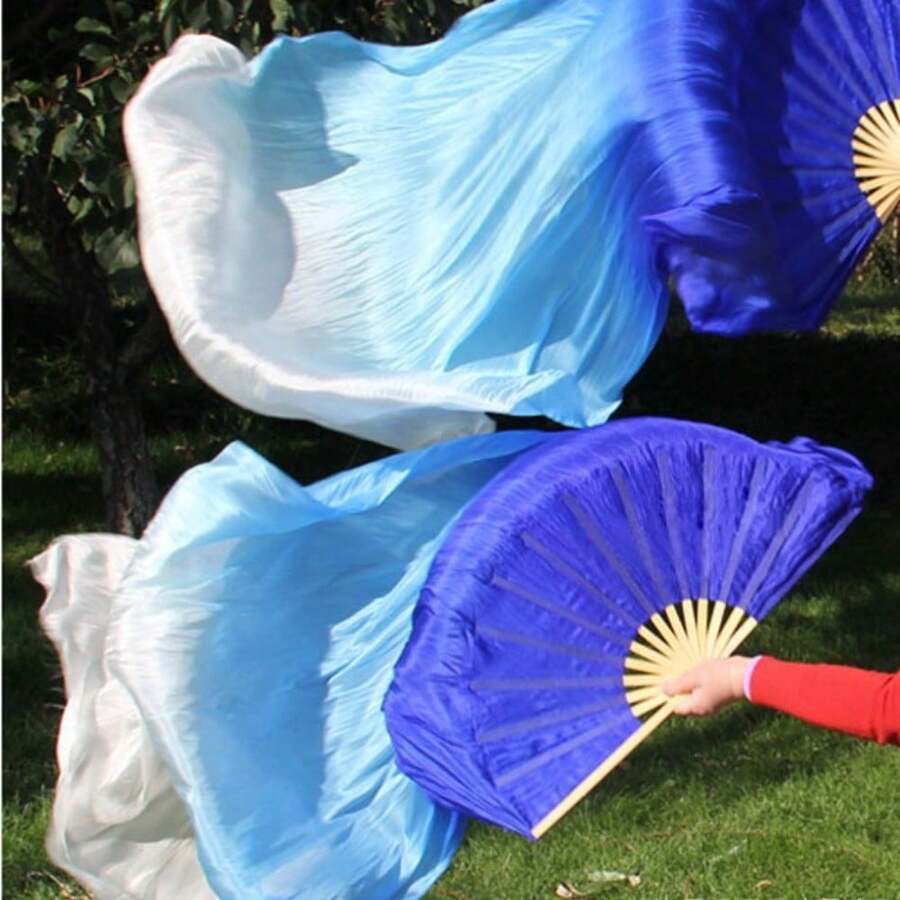 150cm/59.05in Gradually Changing Blue And White Dancing Long Silk Fan. Adult Square Dance Fan. Elegant Silk Fabric + Reinforced Fan Frame. Props For Classical Dance /  Dance Performances. - Multicolor - View 1