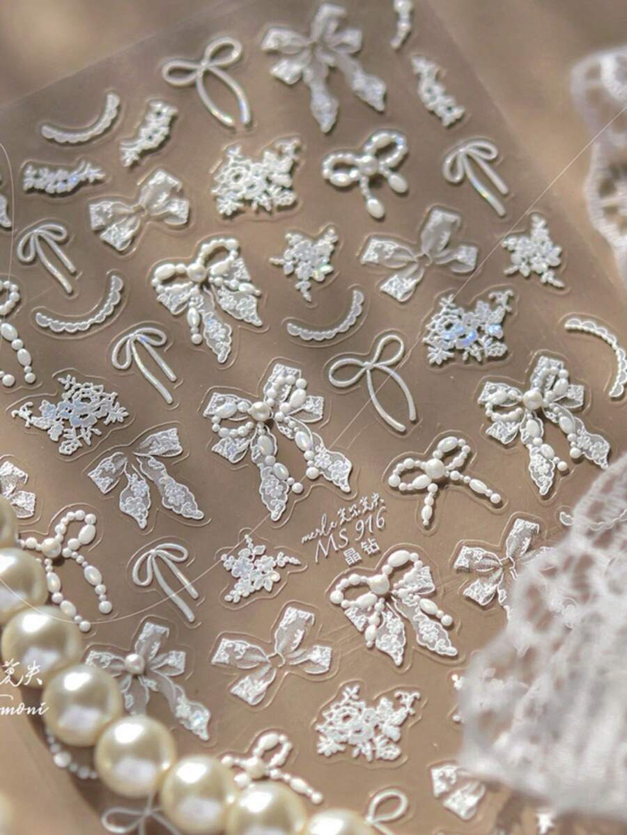 1片纯白蕾丝蝴蝶结3D立体美甲贴纸，美甲师必备，仙女蕾丝珍珠蝴蝶结美甲装饰设计，自粘可重复使用，优雅女士礼物，美甲用品，精致美甲饰品