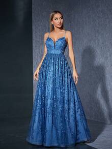 吊带V领中腰薄纱刺绣蕾丝褶皱长裙，优雅派对礼服 - 藍色 - 查看 1