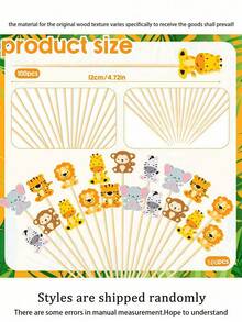 100支装 - 竹制鸡尾酒签，4.7英寸丛林动物造型，适用于鸡尾酒搅拌、食品签、装饰牙签、开胃菜、蛋糕装饰、水果、甜点、婴儿派对、生日派对、婚礼、派对用品 - 彩色 - 查看 3