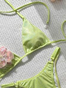 Women's Solid Shiny Fabric Sexy Backless Tie-Up 3D Floral Bikini Set, Suitable For Beach, Pool, And Holiday Wear In Spring/Summer Vacation - Lime Green - View 3