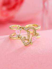 1 pieza Anillo con inicial de flor en tono dorado A-Z con corazón de circonita cúbica, anillo abierto ajustable para mujeres, joyería de regalo de cumpleaños personalizada - Amarillo Oro - Ver 30