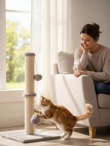 DOPINMIN Cat Scratching Post 33-Inch Natural Sisal Rope Scratch Post Mounting Methods Scratcher Tree Tower With Stable Base And Hanging Toy Balls For Indoor Cats And Kittens - 淺灰色 - 查看 2