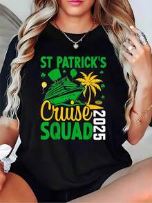 Día de San Patricio Mujer Barco Crucero Palma Verde Camiseta Negra Fiesta de Crucero - Negro - Ver 1