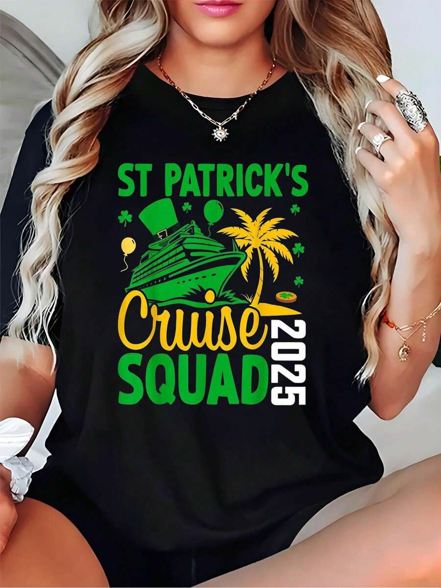 Día de San Patricio Mujer Barco Crucero Palma Verde Camiseta Negra Fiesta de Crucero - Negro - Ver 1