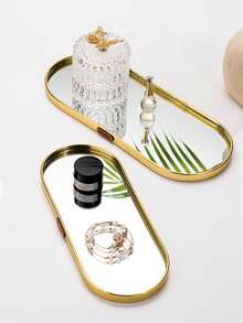 1件北欧轻奢玻璃镜面椭圆形金色收纳托盘（S、M、L 可选），铝合金和玻璃材质 - 多功能收纳架，大容量精致展示托盘，珠宝托盘，装饰托盘，适用于化妆刷、化妆品、口红、装饰品、香薰、香水、珠宝、钥匙盒 - 适用于客厅、卧室、浴室、酒店、家居装饰、派对、情人节礼物 - 彩色 - 查看 2