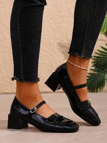 Women's Chunky Heel Shiny Fashion Versatile Comfortable Commute Preppy School Style Buckle Loafers, Spring/Autumn - Black - View 4