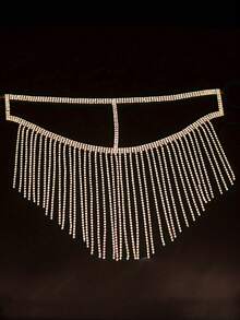 1pc Long Tassel Rhinestone Mask, Costume Accessory For Women Valentine's Day Costume - Gold - View 2