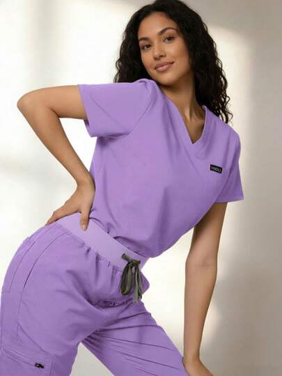 Women's Workwear Set - V-Neck Top And Sports Pants With Zipper Side Pockets, Anti-Pilling Breathable Uniform