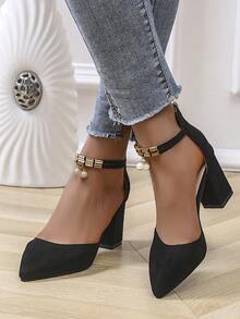 女士新款尖头镂空珍珠高跟鞋，性感粗跟时尚凉鞋 - 黑色 - 查看 6