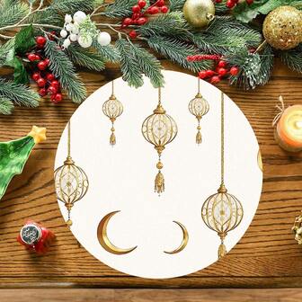 2/4/6pcs Set Elegant Ramadan Themed Placemats, Decorated With Gold Crescent Moon And Lantern Patterns - 15.0 Inch Round Placemats, Suitable For Party Dining And Holiday Decor. Also Applicable For Home Decor, Holiday Table Decor, Farmhouse Holiday Decor, Farmhouse Style Decor, Washable Placemats, Durable Material, Holiday Table Decoration And Home Entertainment.