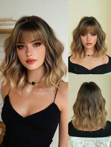 NICKY WALL 14英寸短卷发假发，金色渐变波浪波波头假发，带刘海，高密度蓬松合成耐热纤维假发，适合日常佩戴和参加派对。 - 漸變金色 - 查看 3