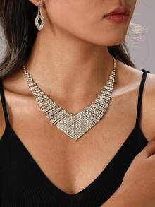 1 Pair Of Earrings+1 Neck Elegant Jewelry Set Sparkling Geometric Design Inlaid Rhinestone Evening Party Decor Luxury Jewelry - Gold - View 3