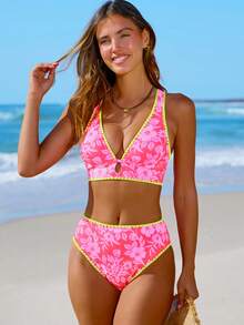 popvil 女士印花镂空交叉露背比基尼套装，适合夏季度假和海滩穿着 - 西瓜粉 - 查看 2