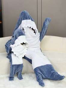 1pc Shark Pattern Hooded Blanket, Soft Flannel Shark Design Wearable Blanket, Available In Multiple Sizes Suitable For Different Heights - Multicolor - View 9