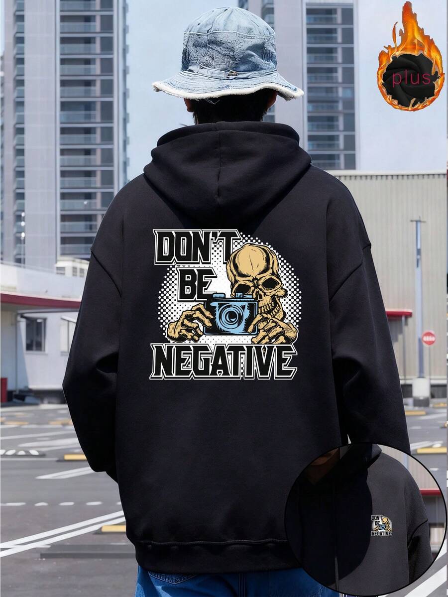 2025 Otoño Invierno Nueva Sudadera con Capucha Suelta para Hombre, Impresión de Calavera y Cámara, Manga Larga, Top Deportivo Casual, Versátil, Marca de Moda, Estilo de Calle, Chaqueta Cálida y Elegante para Jóvenes Estudiantes - Negro - Ver 1