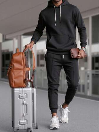 2 piezas Conjunto de chándal de unicolor con capucha para hombre, conjunto deportivo casual, otoño/invierno