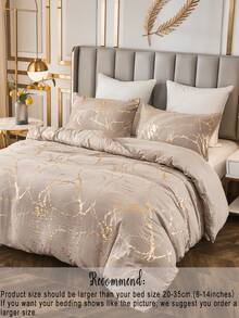 3件套纯色烫金闪光金属大理石纹被套套装（1条被子+2个枕套）柔软亲肤涤纶室内卧室被套套装，乡村复古风床上用品，宿舍装饰，美观床上用品，热门家纺