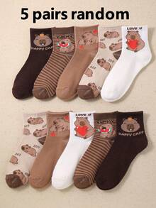 5双儿童中筒袜，圆领运动袜，饰有河豚图案和心形卡皮巴拉刺绣，透气舒适，适合1-16岁男孩女孩日常穿着