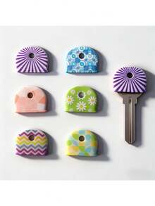 硅胶钥匙帽 - 彩色花卉钥匙套，线条、花朵、圆圈图案新颖设计，灵活易辨，快速识别，耐用材质，趣味设计，钥匙扣配件，适用于门钥匙、家门钥匙、办公室钥匙 - 耐用防滑钥匙保护套，钥匙标签 - 多色 - 查看 9