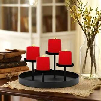 Bandeja metálica elegante con 4 portavelas - Perfecta para la decoración del hogar, exhibición de mesa y ocasiones especiales (velas no incluidas), pequeña decoración rústica de bandeja para velas