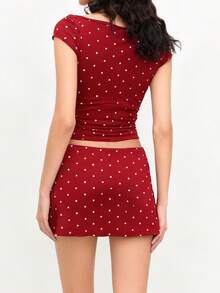 Women 2  Pcs Set Chic Polka Dot Crop Top + A-Line Mini Skirt Lined With Prevent Loss Of Lightbody-Hugging Fit For Casual Outings  Parties‌ Vacation Outfits Women - Đỏ - Xem 4