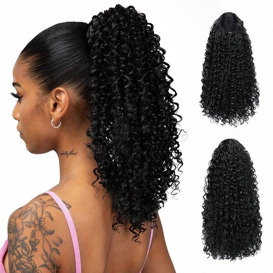 Kinky Curly Ponytail Extension Drawstring Ponytail Kinky Curly Clip In Extensions Ponytail Hair Extensions Hair For Women Natural Black - Multicolor - View 1