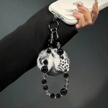 豹纹水晶毛绒球手机挂绳，奢华高端腕链，独特个性化钥匙扣，包包挂饰 - 彩色 - 查看 7