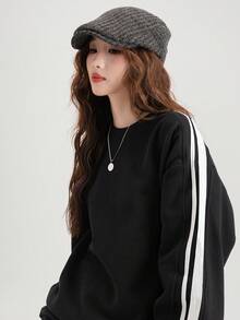 JUTU Contrast Color Block Black & White Striped Minimalist Round Neck Sweatshirt For Women, Everyday Wear Spring/Autumn Casual - F979 Black and White - View 10