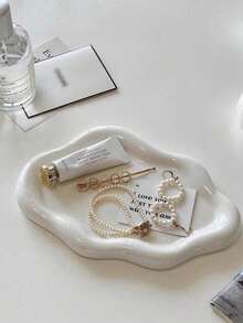 1pc Ins Style Cream White Floral Ceramic Tray, Home Desktop Jewelry Storage Dish For Earrings, Rings, Necklaces, Entryway Key Holder, High-Quality Photo Prop & Home Decor - Multicolor - View 4