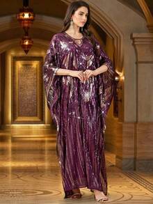 女士亮片网纱拼接圆领蝙蝠袖阿拉伯风长款两件套连衣裙