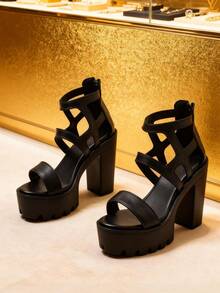 女士新款厚底粗跟镂空凉鞋，时尚后拉链超高跟露趾凉鞋，夏季 - 黑色 - 查看 5