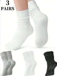 3双装女士防滑运动中筒袜，瑜伽理想之选，柔软舒适，带缓冲垫，适合日常普拉提、跑步、健身和骑行。