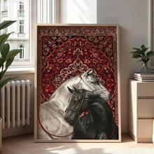 1 pieza Arte de pared de lienzo vintage - Dos caballos sobre una alfombra , con diseño ecuestre y de alfombra , patrones tradicionales rojos y azules, y un estilo estético moderno. Adecuado para la decoración del hogar, la decoración de la habitación, la decoración del dormitorio, la decoración de la sala de estar, la decoración del baño y la decoración de la pared. Arte de pared opcional con marco. - Multicolor - Ver 4