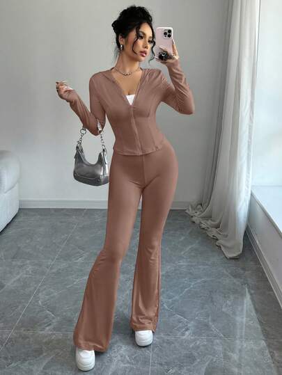 abyoxi Set de 2 piezas de chaqueta con capucha con cremallera y pantalones acampanados de unicolor, ropa deportiva casual de moda, adecuada para uso al aire libre, calle, deportes, uso diario, para mostrar el encanto personal, mujer otoño/invierno