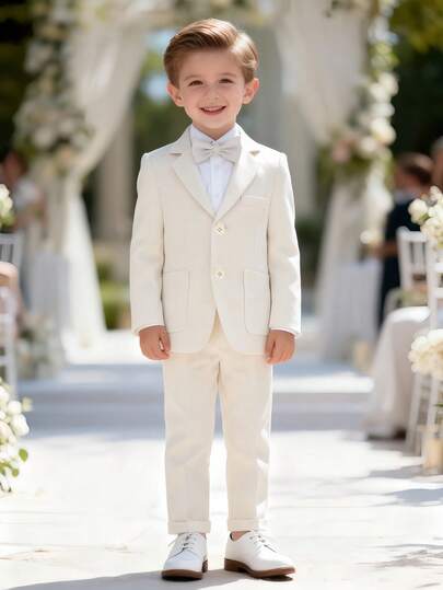 3 Piecesboys' High-End Elegant Fashion Banquet Wedding Stage Performance Host Four-Season Gentleman's Dress Suit Fitted Suit Jacket + Trousers With Bow Tie