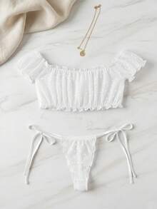 Set de 2 bragas cortas de encaje transparente y sexy, lencería - Blanco - Ver 3