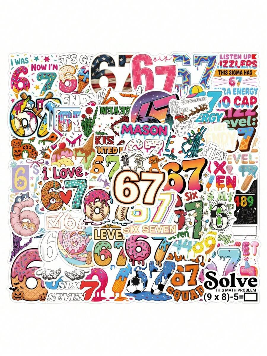 54张趣味6/7贴纸，剪贴簿美学贴纸套装，表情包6/7礼物卡通涂鸦贴纸，6/7趣味贴纸，乙烯基防水贴纸，适用于水瓶、电脑、笔记本电脑、手机、行李箱、笔记本、冰箱、返校季等。 - 彩色 - 查看 1
