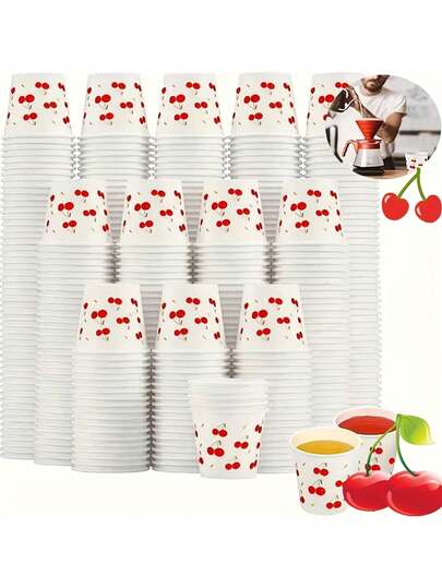 25/50/100 Peças Pacote de Copos de Papel Descartáveis Impressos com Cereja - Copos de Vinho e Festa Pequenos à Prova de Vazamento e Espessos, Adequados para Casamentos, Aniversários, Bebidas Quentes/Frias, Pintáveis para Designs (Cereja)