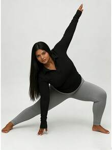 大码女式运动休闲紧身Polo领V领开衫长袖上衣，适合户外休闲、跑步、运动、瑜伽和锻炼，黑色春季款 - 黑色 - 查看 2