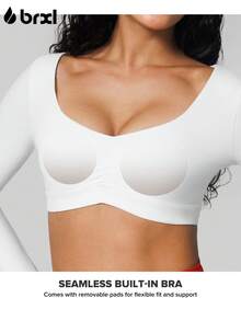 BRXL Long Sleeve Crop Tops For Women Built In Bra Padded Yoga Shirts Deep V Neck Buttery Soft Slim Fit Workout Pilates Gym - 白色 - 查看 5