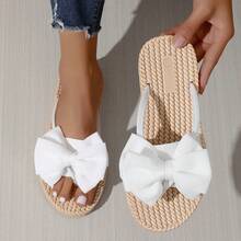 女士平底人字拖，蝴蝶结沙滩凉鞋 - 白色 - 查看 9