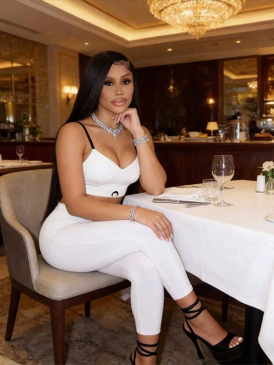 Ladies' Casual Camisole Vest Sexy Spicy Girl Group Moon Vest Long Pants Set Two-Piece Set - 白色 - 查看 1