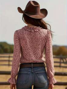 Women's Casual Leopard Print Ruffle Trim Long Sleeve Blouse, Autumn Vacation Pink - Pink - View 4