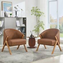 Mid-Century Modern Accent Chair – Comfortable Upholstered Lounge Chair with Sturdy Wooden Frame, Ergonomic Design for Reading and Relaxation – Linen or Cuddly Velvet Fabric – Living Room, Bedroom, or Balcony – Easy Assembly - Color: Pie de nogal poco profundo | PU | Marrón - Ver 3