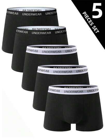 5pcs/Pack Men's Solid Color Premium Black Briefs, Comfortable Boxer Briefs, Casual Underwear, Plus Size Shorts Underwear